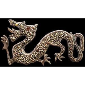 Dragon Brooch 925 Sterling Silver Pin Vintage Mini Marcasite Chinese Prosperity